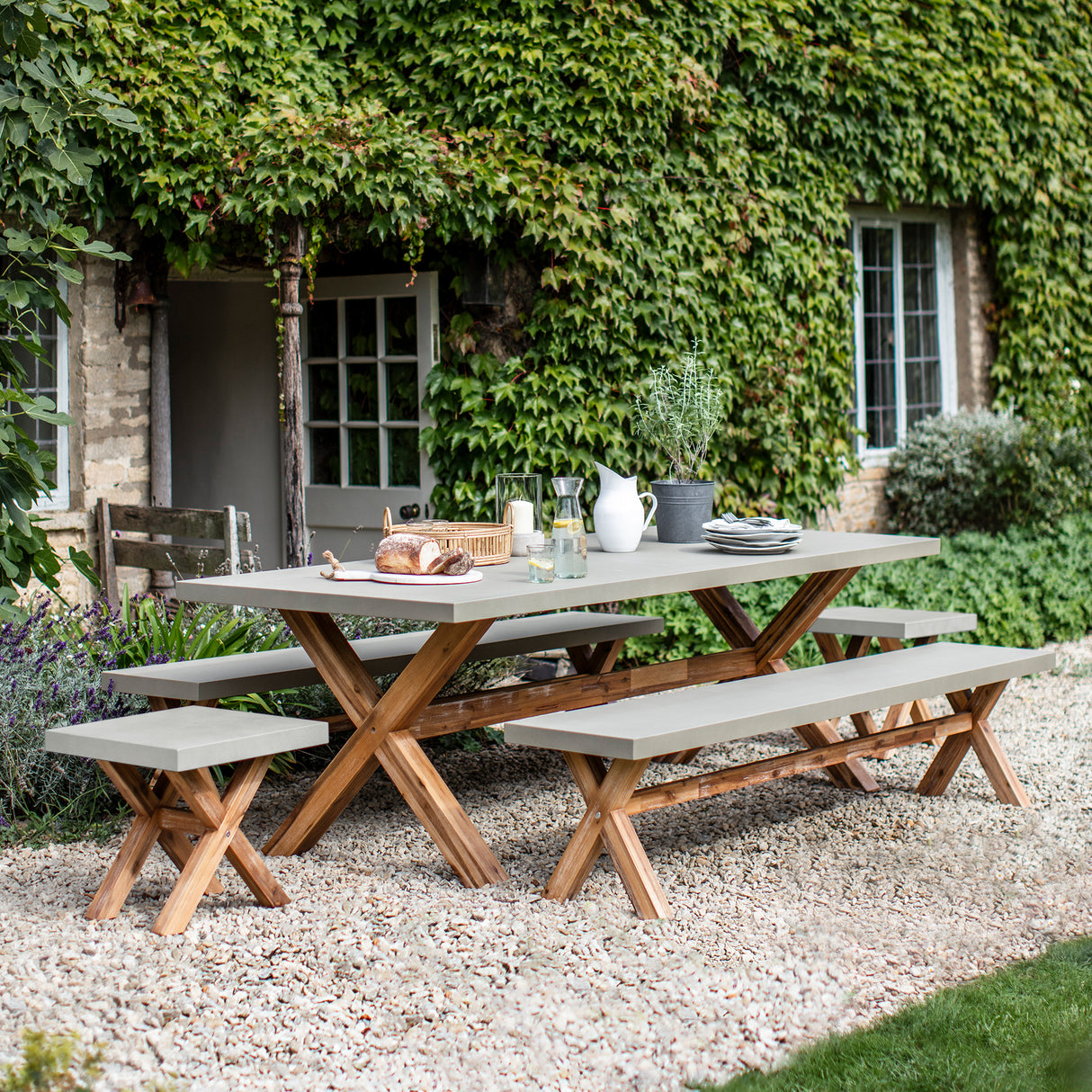 Burford Bench Grey - Acacia Wood & Polystone, Natural, Large