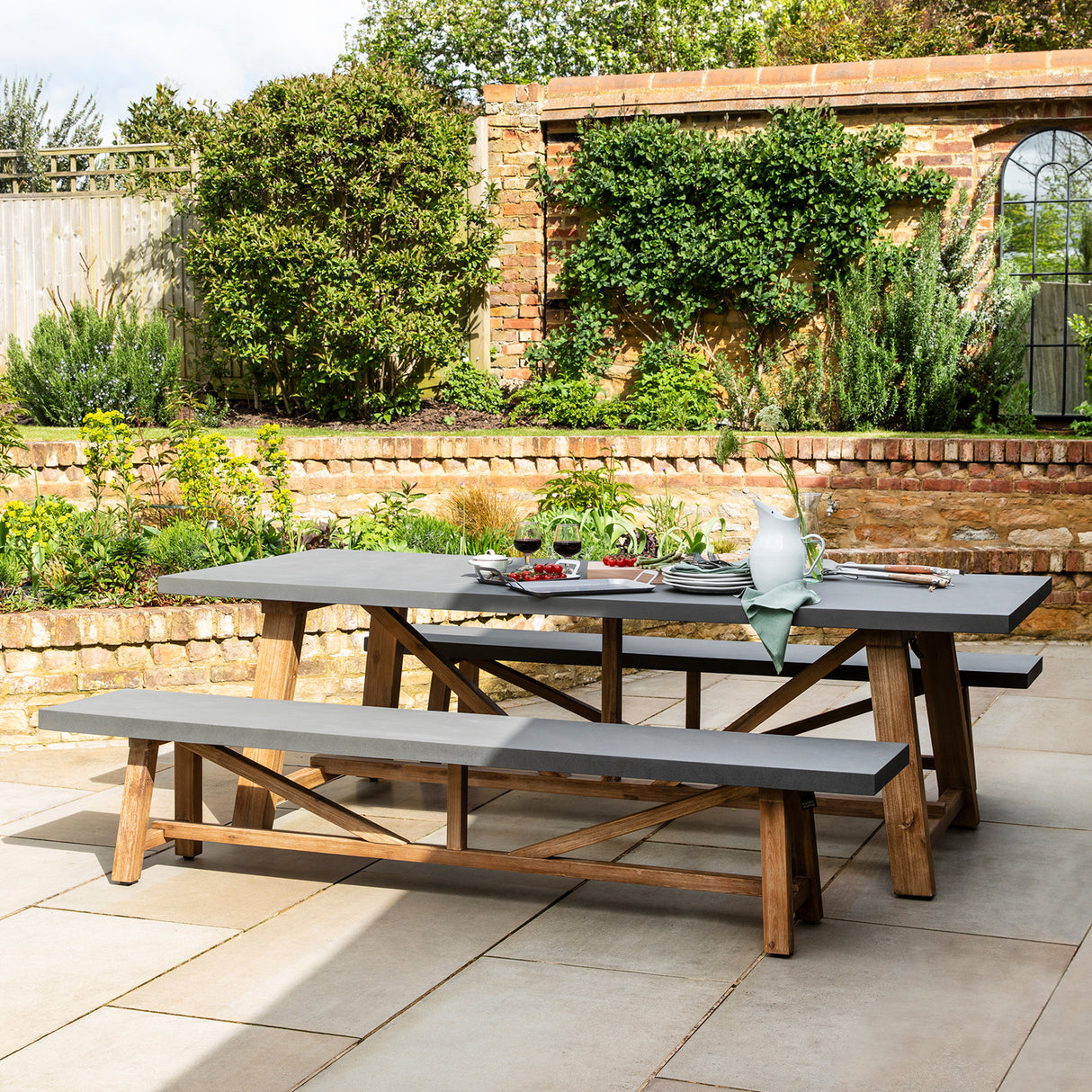 Chilford Table & Bench Set - Acacia Wood & Polystone, Grey, Large