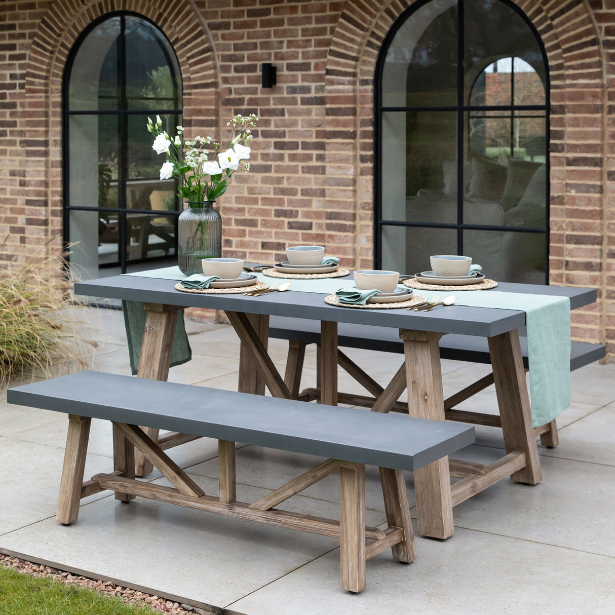 Chilford Table & Bench Set - Acacia Wood & Polystone, Grey, Small