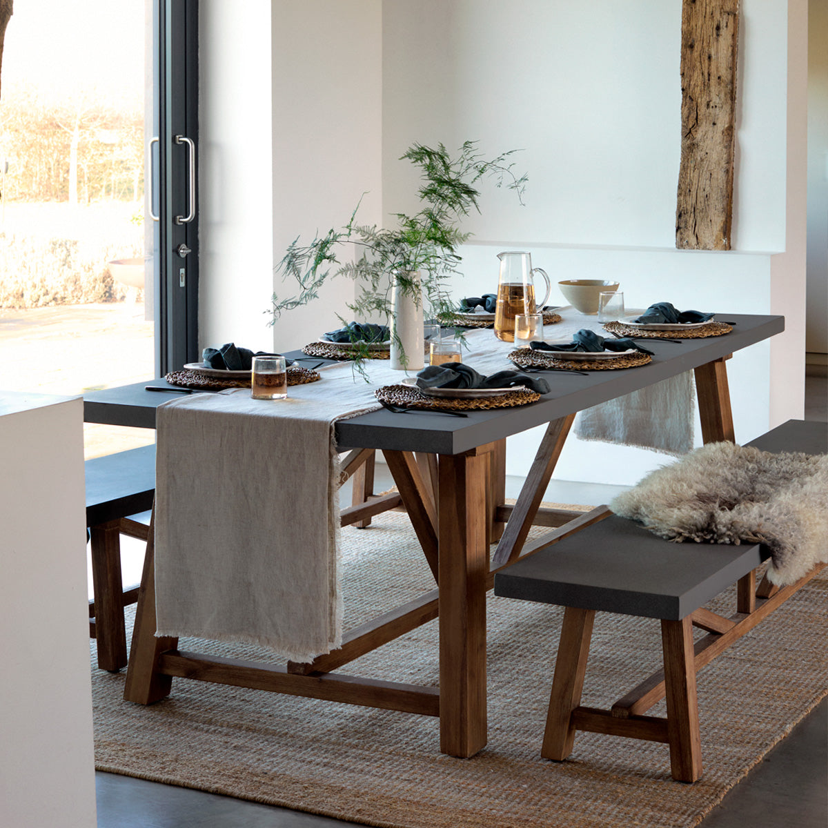 Chilford Table & Bench Set - Acacia Wood & Polystone, Grey, Large