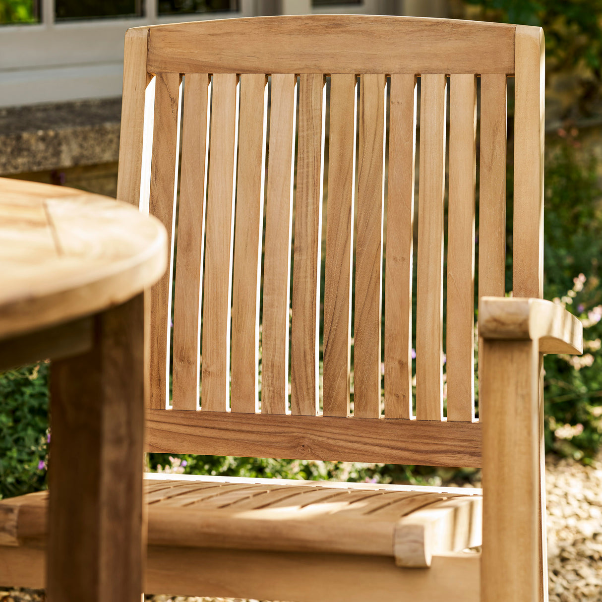 Churn Teak Round Table 100cm & 2 Henley Stacking Armchairs