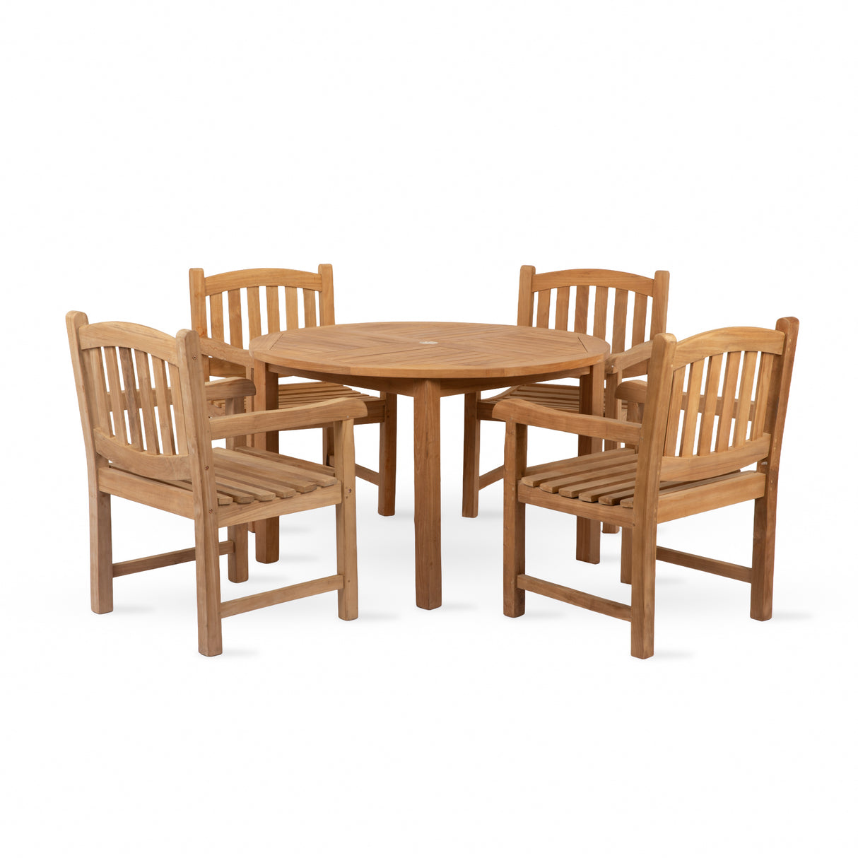 Churn Teak Round Table 120cm & 4 Malvern Armchairs