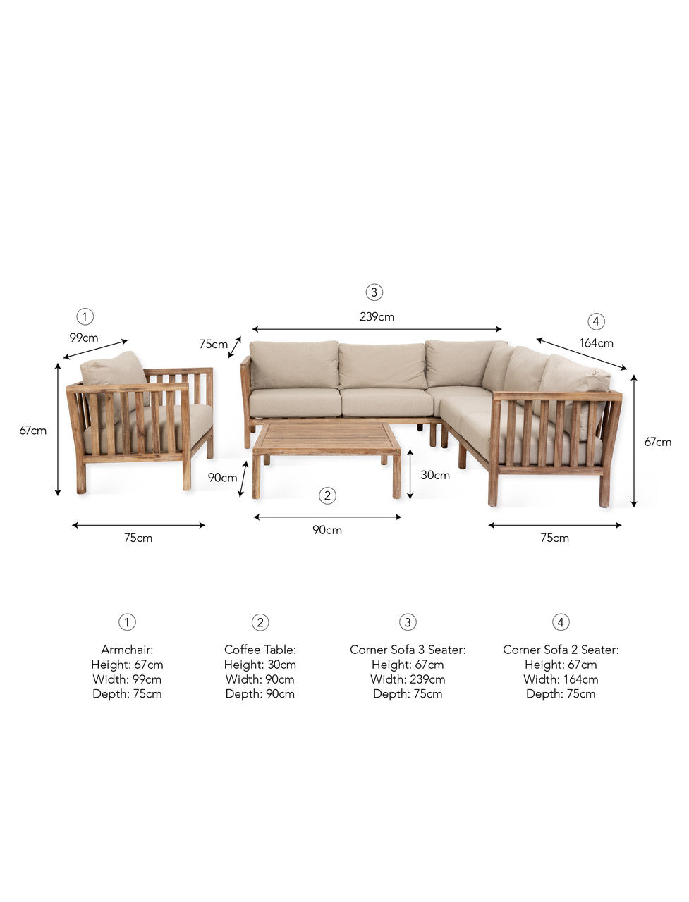 Porthallow Corner Sofa Set - Acacia Wood, Dark Natural
