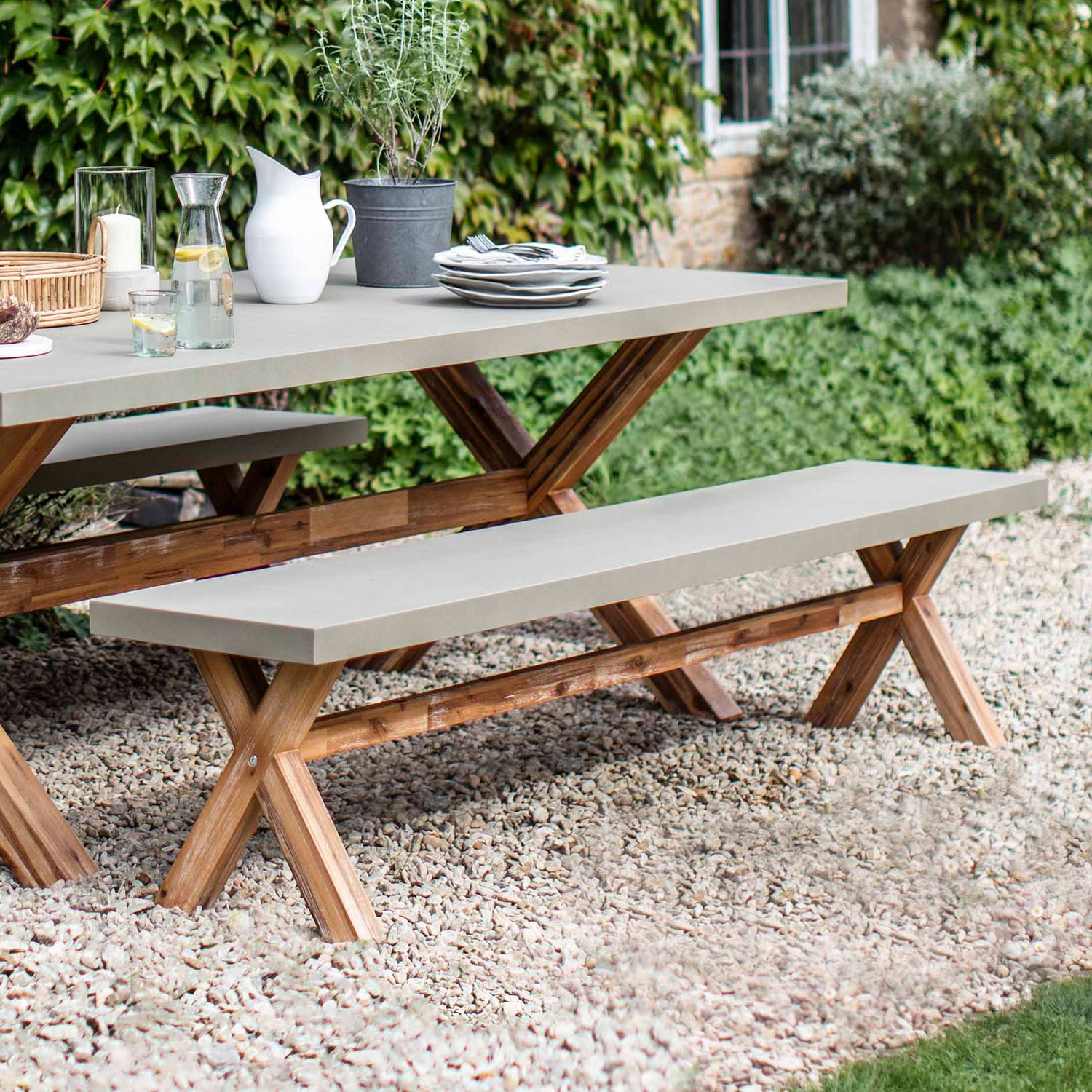 Burford Bench Grey - Acacia Wood & Polystone, Natural, Large