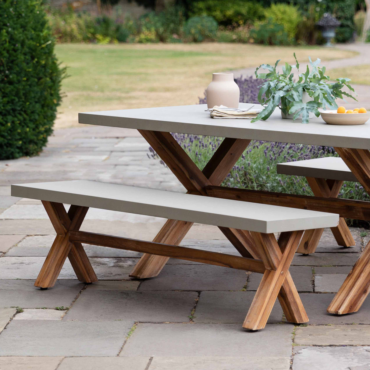 Burford Bench Grey - Acacia Wood & Polystone, Natural, Small