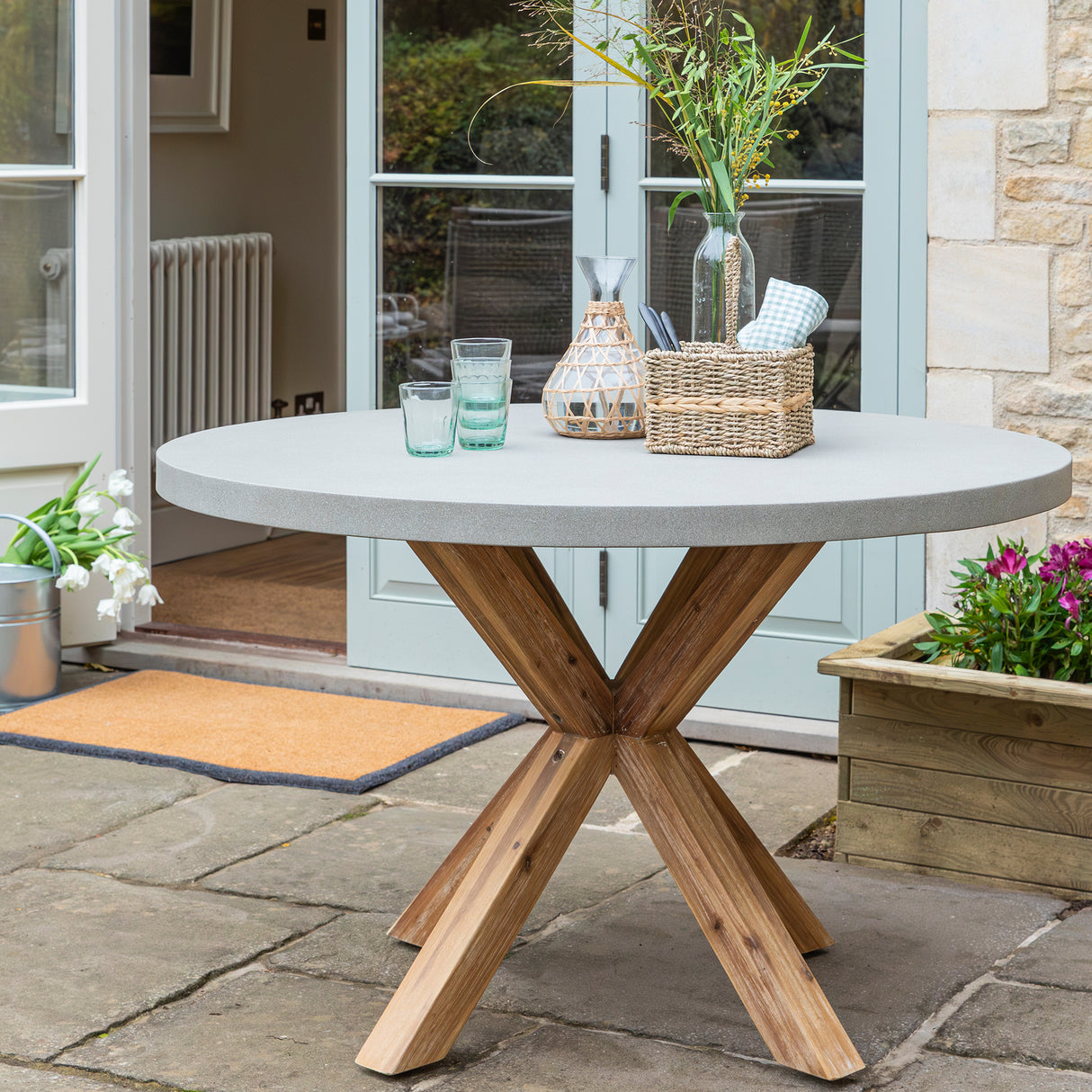 Burford Round Dining Table 120cm - Acacia Wood & Polystone, Grey