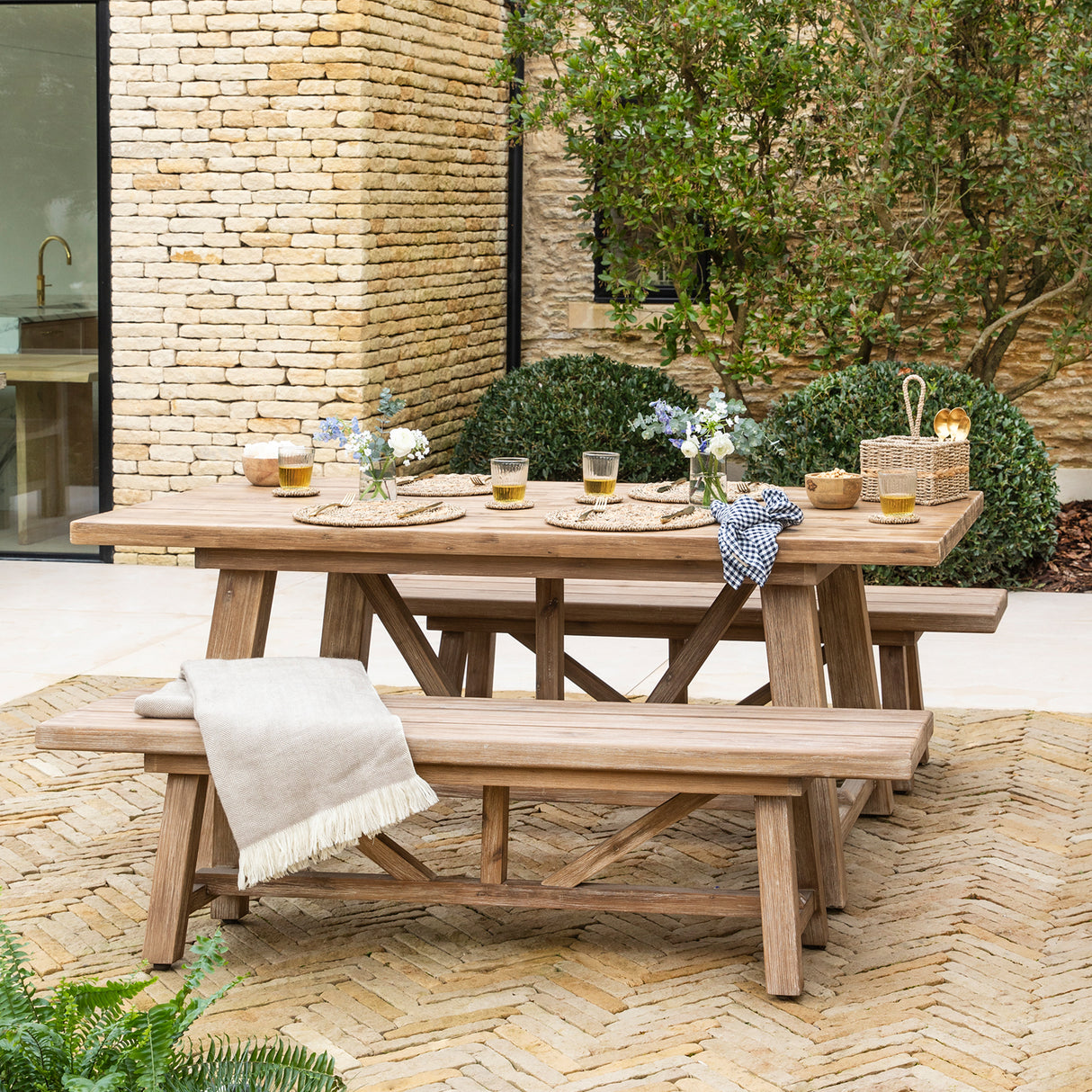 Chilford Solid Table & Bench Set - Acacia Wood, Natural, Small