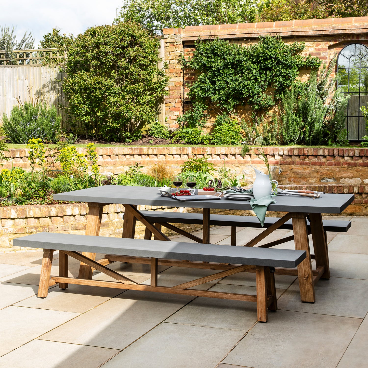 Chilford Table & Bench Set - Acacia Wood & Polystone, Grey, Large