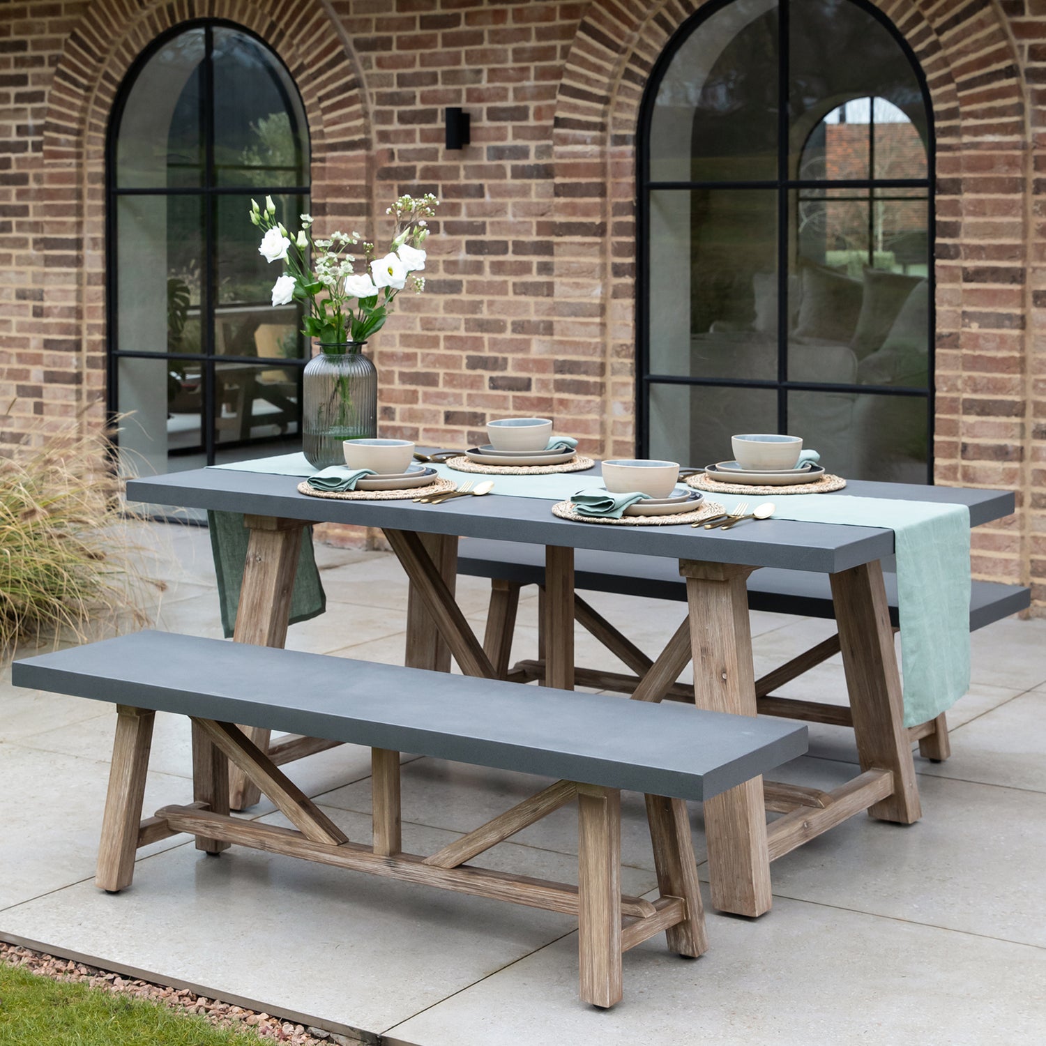 Chilford Table & Bench Set - Acacia Wood & Polystone, Grey, Small