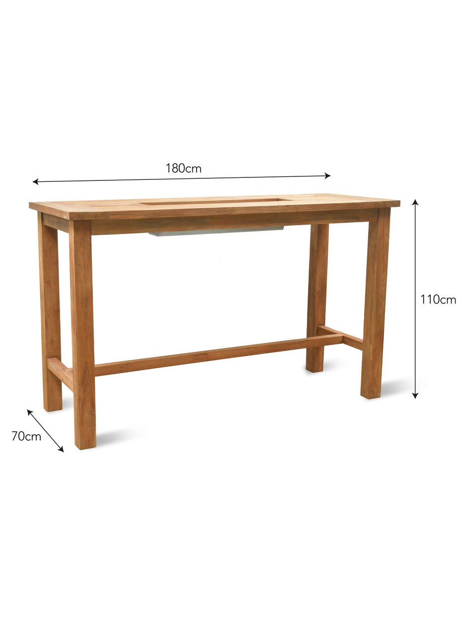 St Mawes Bar Table With Trough 180cm - Teak, Natural