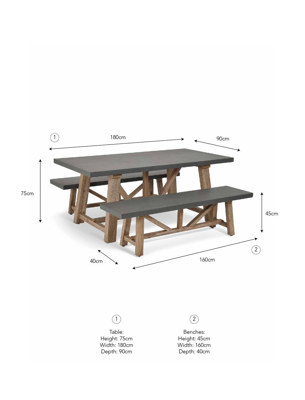 Chilford Table & Bench Set - Acacia Wood & Polystone, Grey, Small