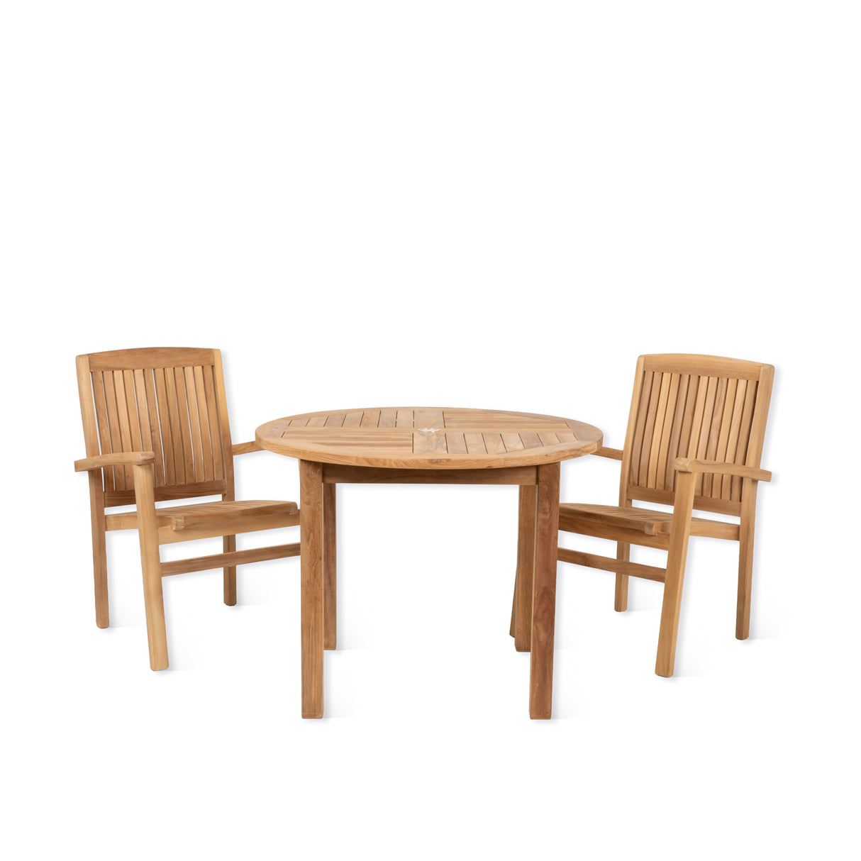Churn Teak Round Table 100cm & 2 Henley Stacking Armchairs