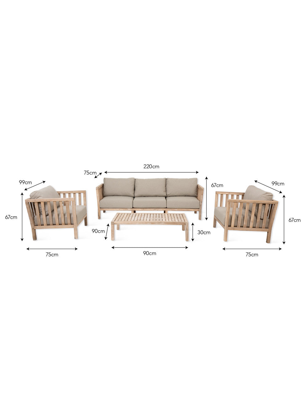 Porthallow 3 Seater Sofa Set - Acacia Wood, Dark Natural