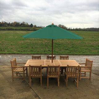 Arrow 8 Seater Extending Rectangular Teak Table 180cm with Grisdale Carver Chairs and Grisdale Side Chairs.