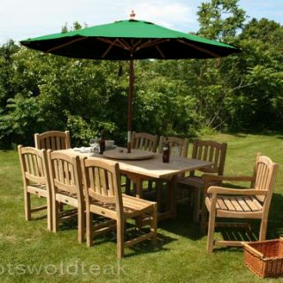 Arrow 8 Seater Extending Rectangular Teak Table 180cm with Malvern Carver Chairs and Malvern Side Chairs.