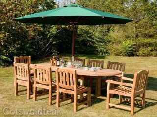 Avon 8 Seater Extending Oval Teak Table 180cm with Malvern Carver Chairs and Malvern Side Chairs.