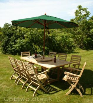 Arrow 8 Seater Extending Rectangular Teak Table 120cm with Wenlock Carver Chairs.